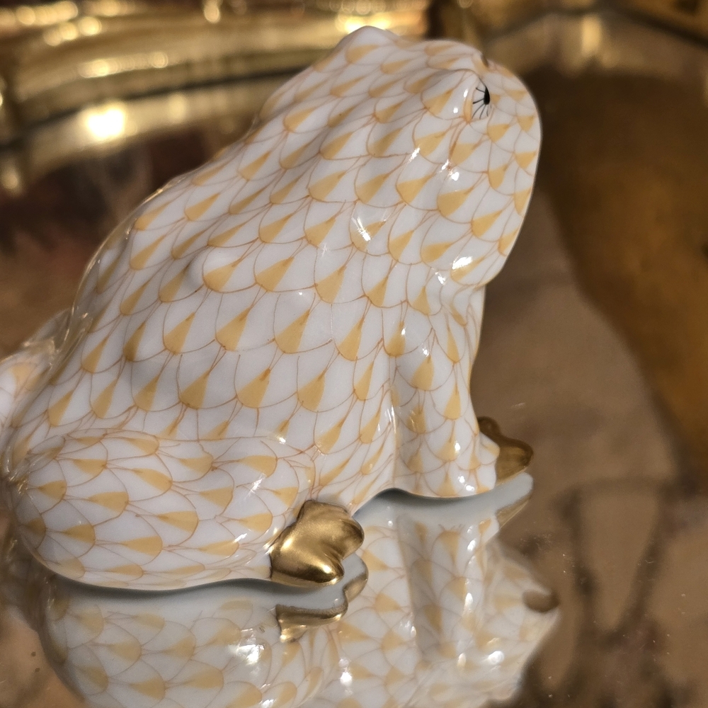 herend fishnet porcelain figurine frog RARE BUTTERSCOTCH VINTAGE 96'  FLAWLESS - Picture 5 of 7